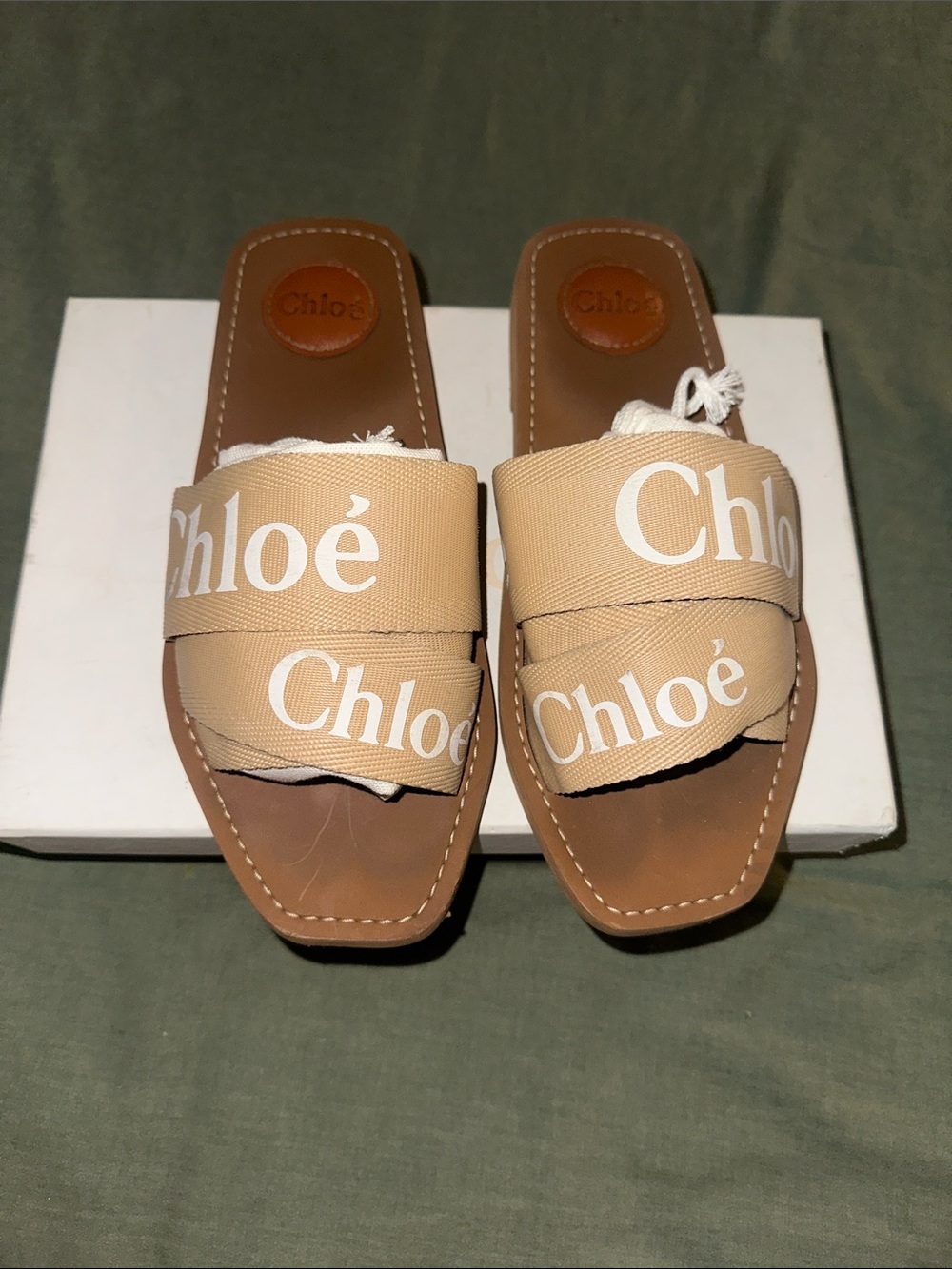 Women's Beige Logo Slide Sandals